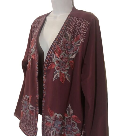 Soft Surroundings Playa embroidered open front jacket dark berry L - Picture 3 of 8